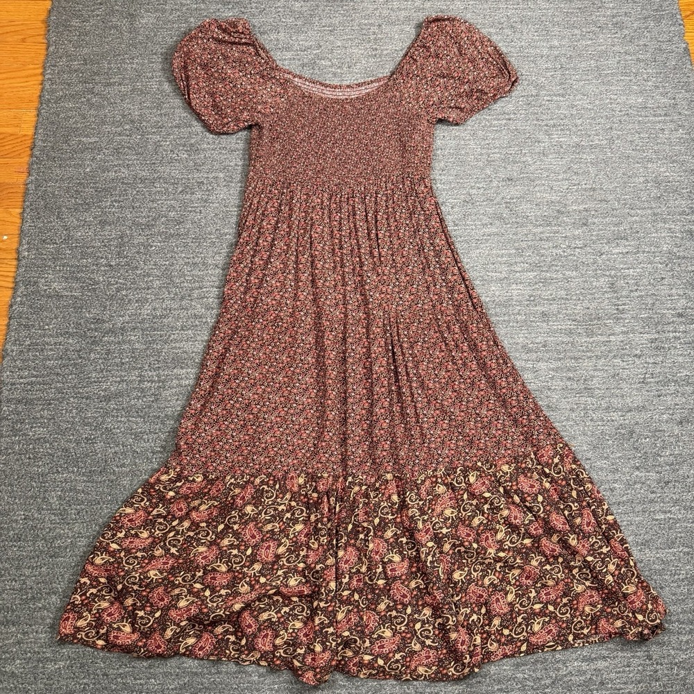 American Eagle Dress Women Large Floral Smocked Puff Sleeve Maxi Tiered Cottage - Picture 2 of 11
